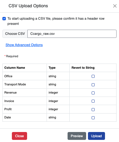 CSV upload dialogue box
